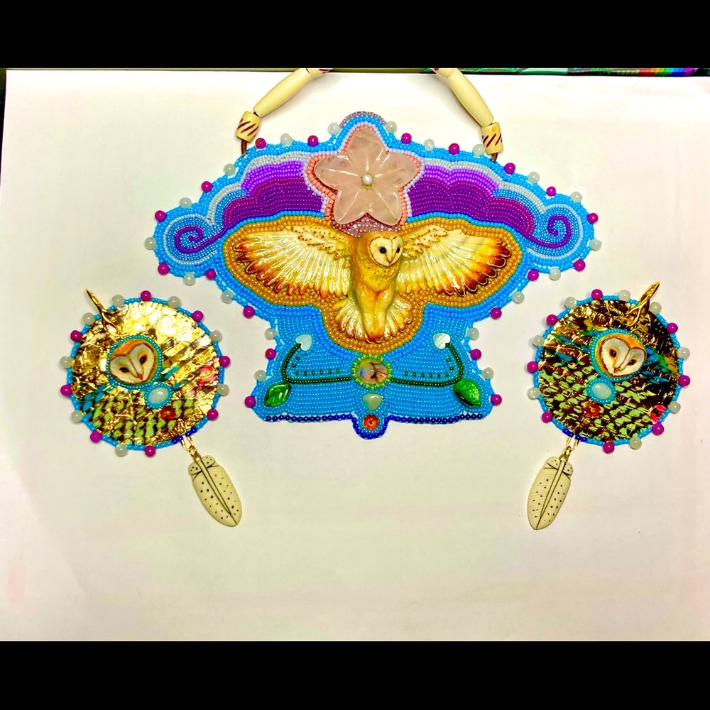 Beaded Beadwork Owl Necklace Earrings jewelry Set Opal Gemstone Bead Embroidery